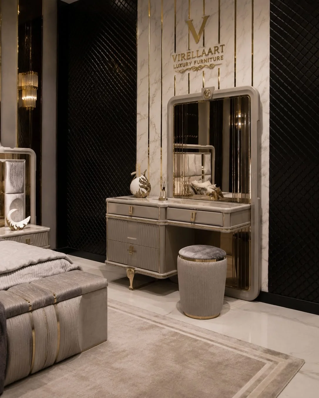 Verona cream dressing table with asymmetrical drawers, large rounded rectangular mirror, gold-tone details and matching round stool