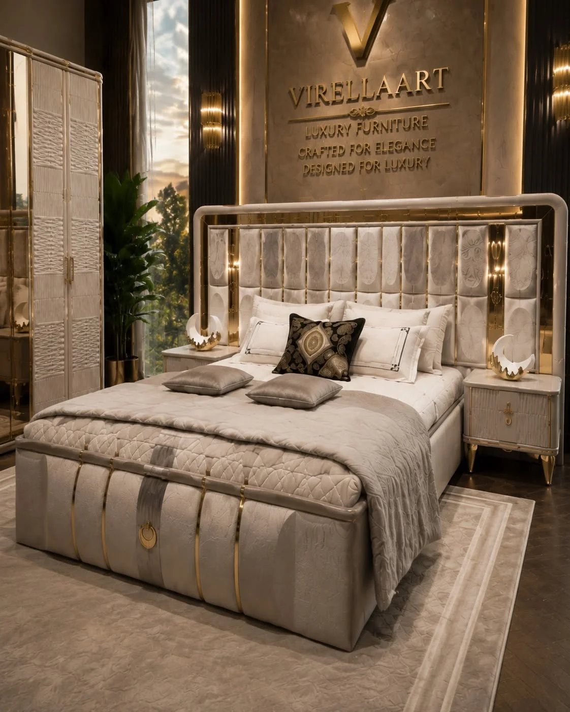 Front view of the Verona upholstered bed with geometric panelled headboard, gold-tone vertical accents, matching nightstands and quilted footboard