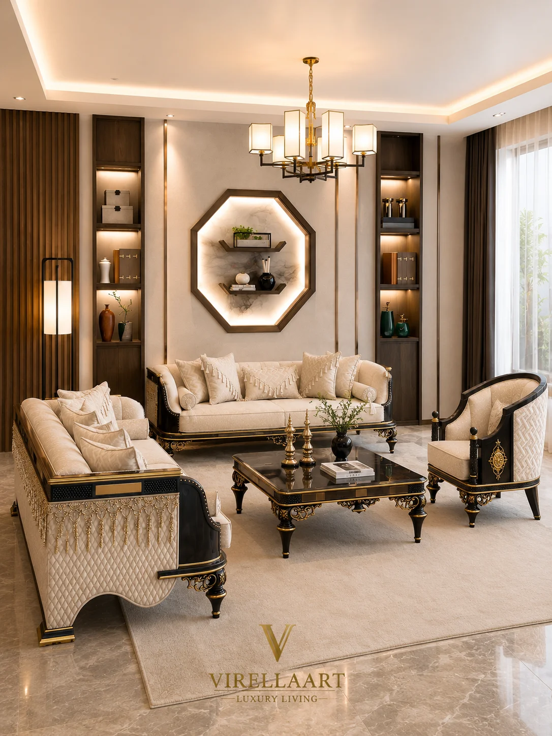 Complete Vizyon living room arrangement with two ivory sofas, a matching armchair and an ornate black center table