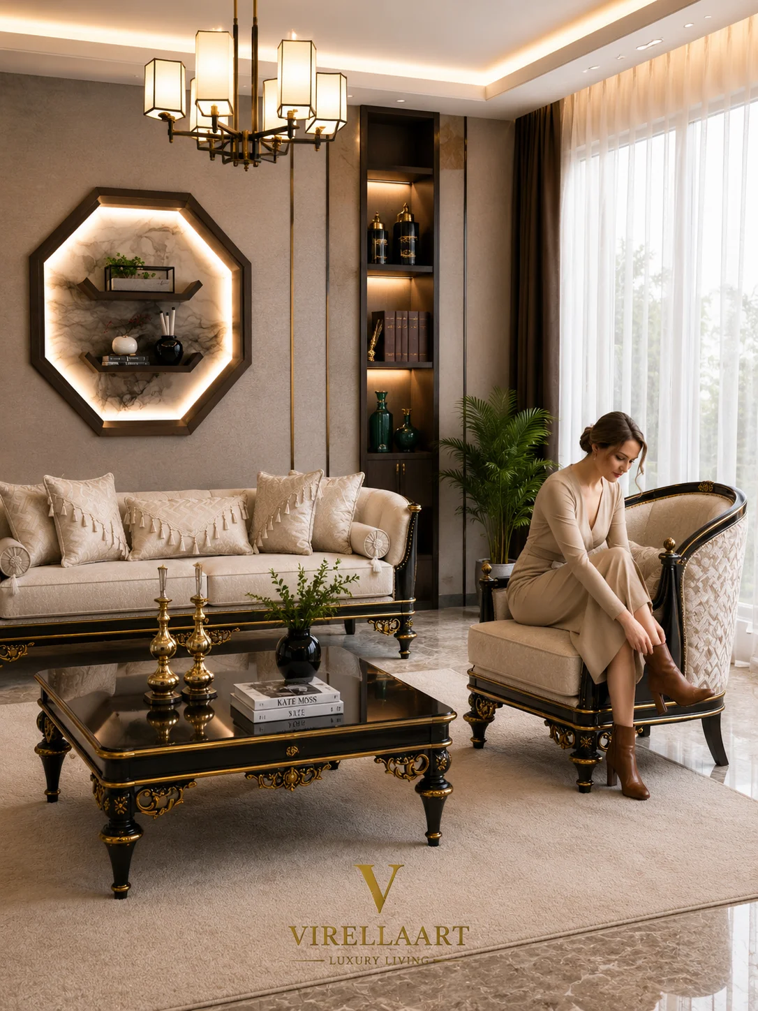 Vizyon ivory sofa and armchair displayed around a glossy black center table in a warm contemporary interior