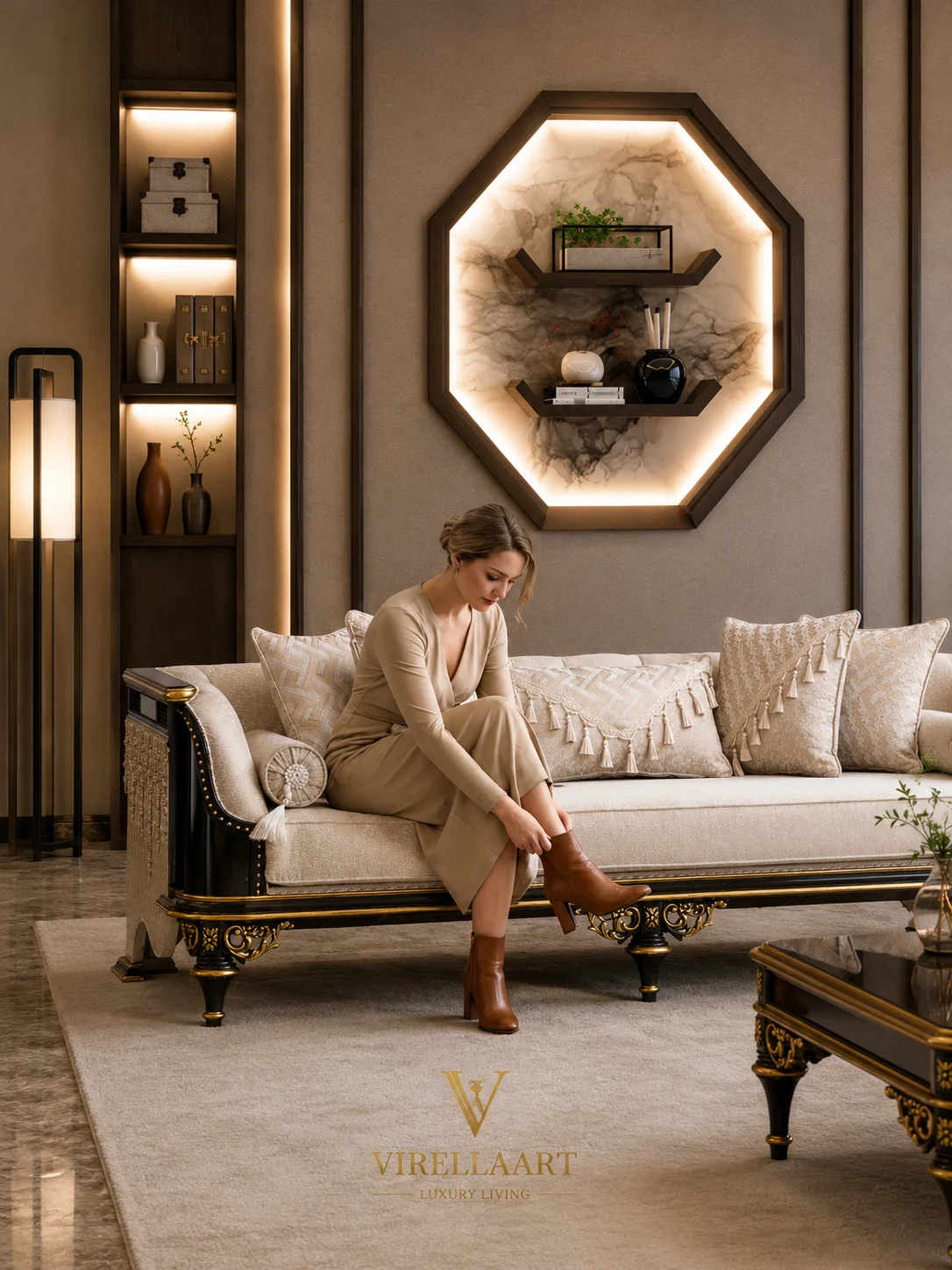 Vizyon ivory three-seat sofa front view with dark wood side panels, gold-tone carved details and tasselled cushions
