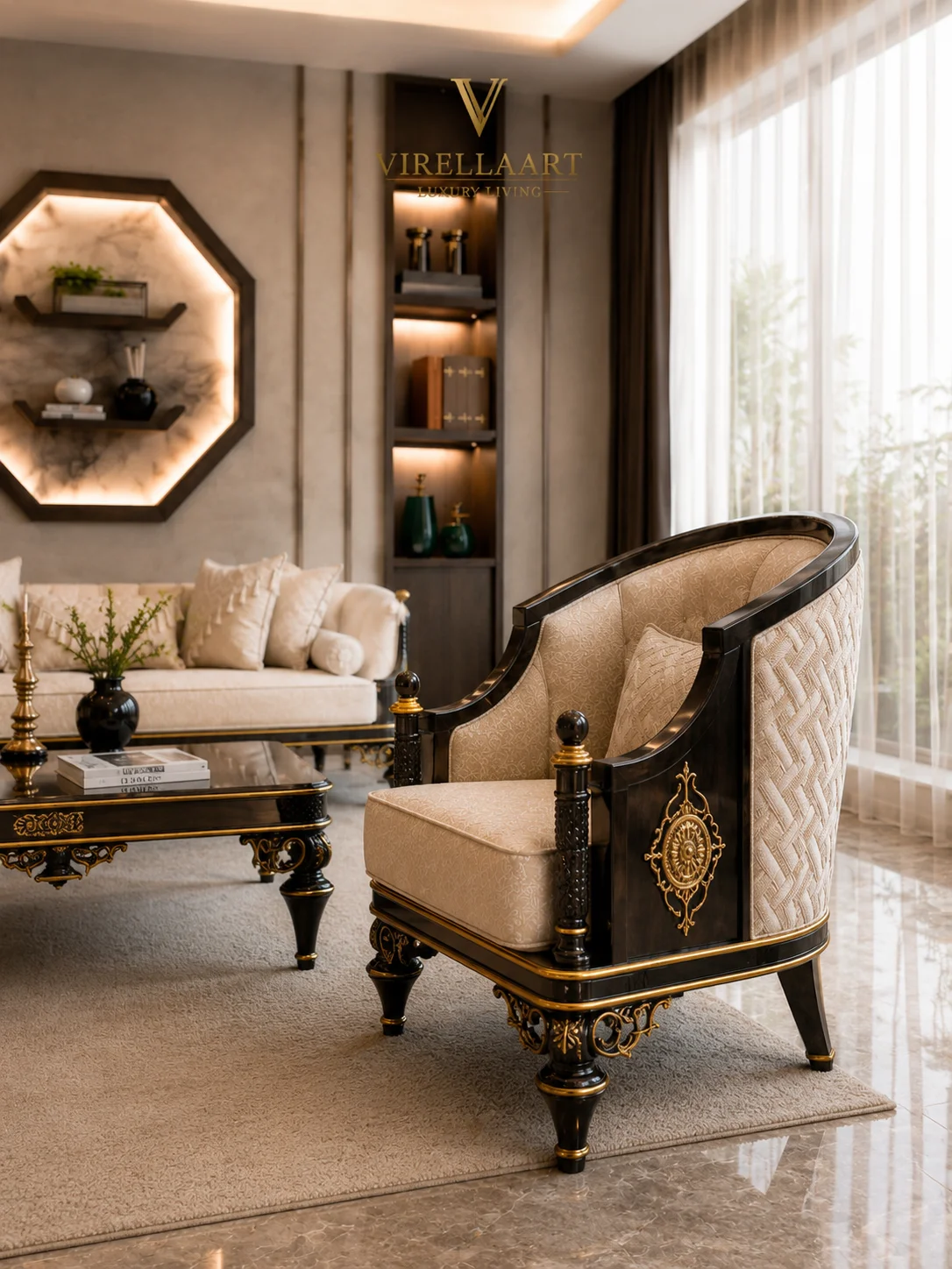 Vizyon ivory armchair close-up with a curved dark wood frame, patterned outer upholstery and gold-tone ornament