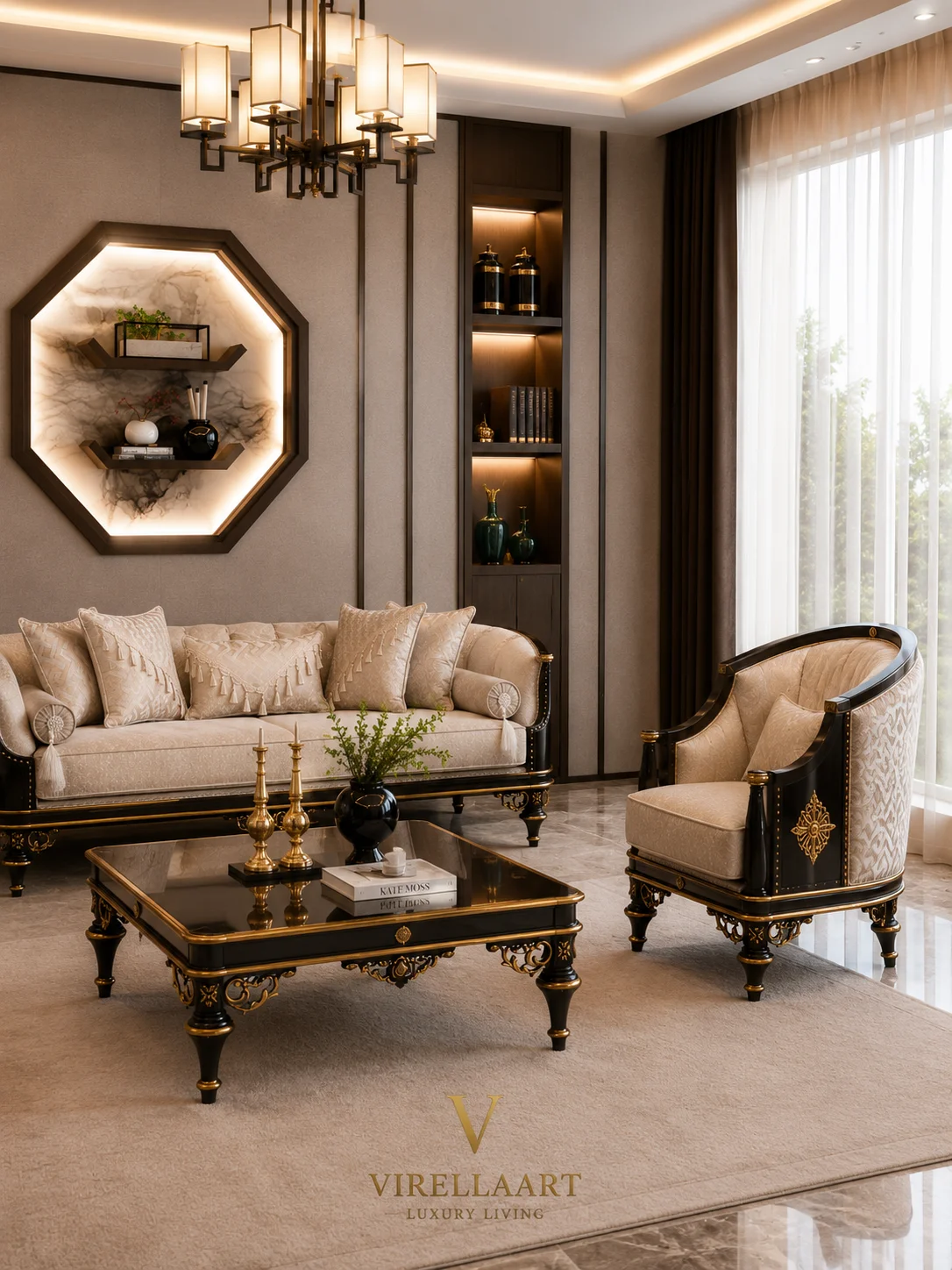 Vizyon ivory sofa and armchair arrangement with a rectangular black center table and gold-tone carved details