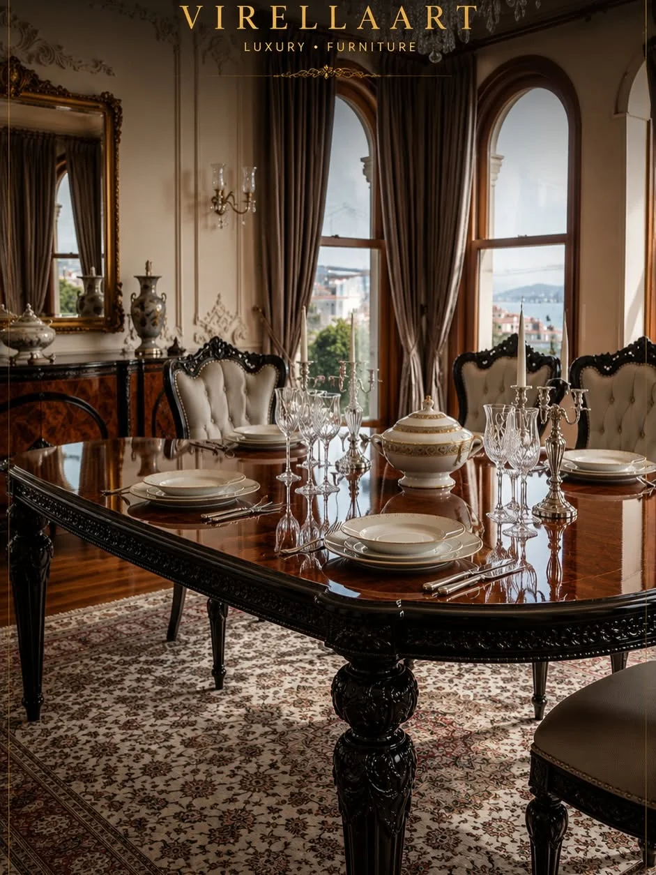 Close-up of the Zerafet oval dining table with a glossy walnut-toned top, black carved apron, ornate legs and formal table setting