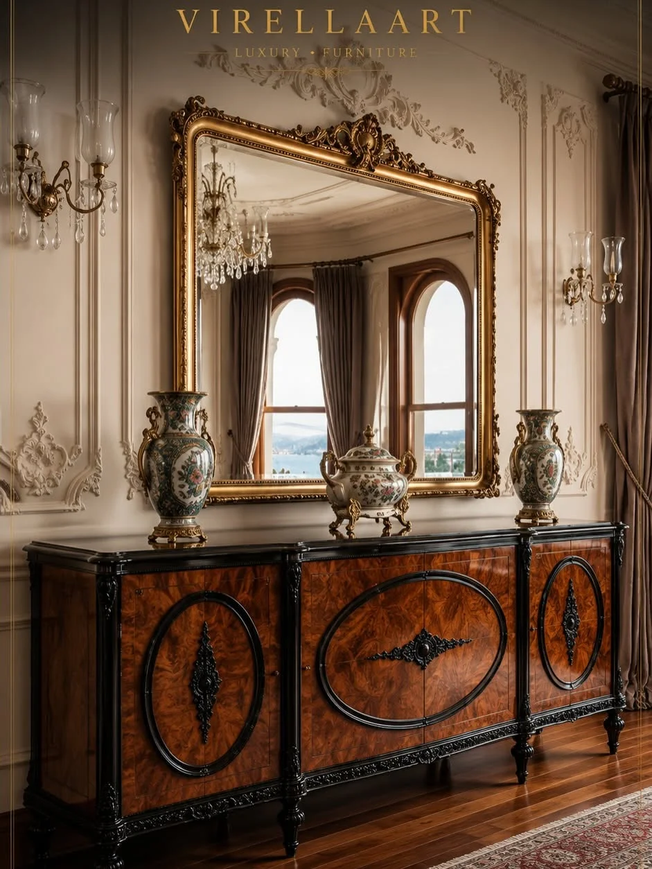 Zerafet walnut-toned dining sideboard with glossy black carved framing, oval panel details and an elaborate gold-framed wall mirror