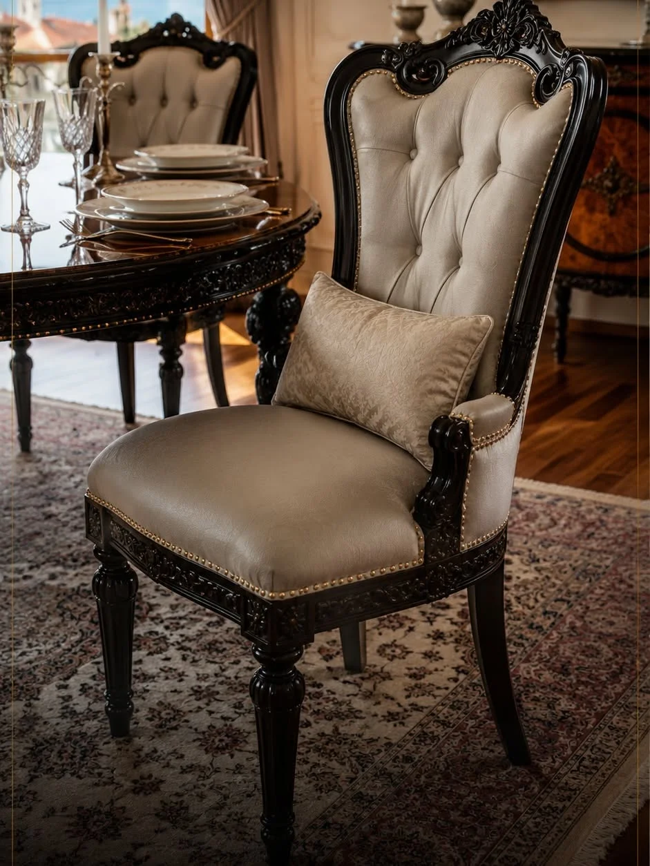 Zerafet ivory tufted dining armchair with a glossy black carved frame, brass nailhead trim and patterned lumbar cushion