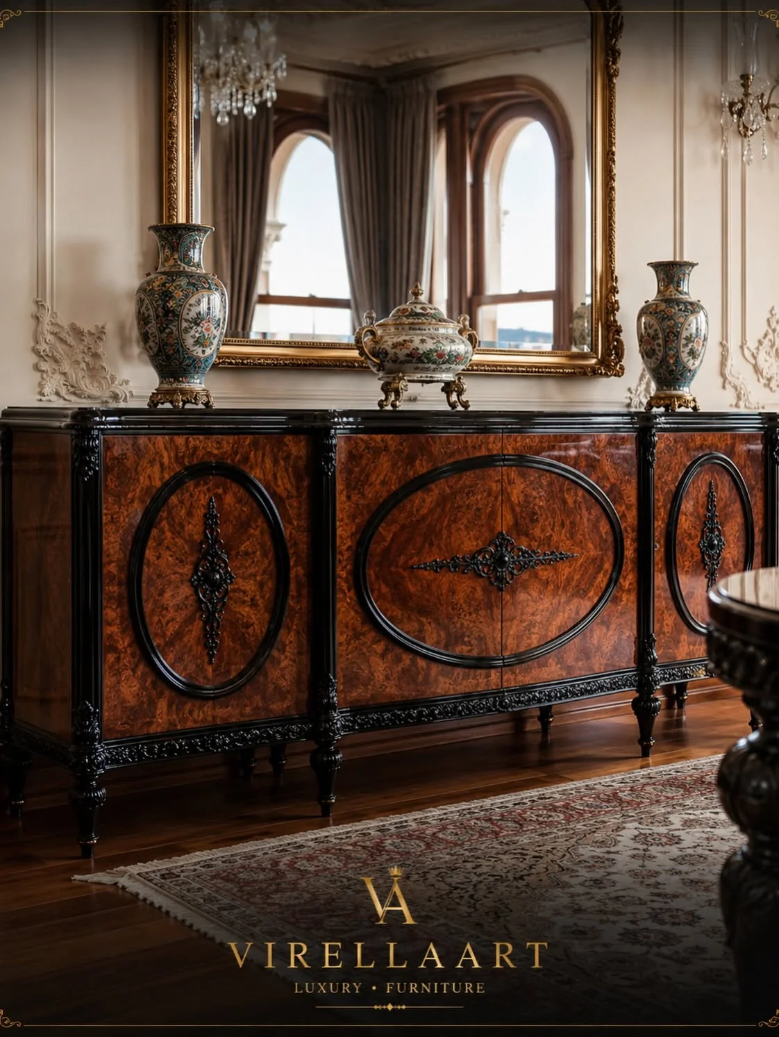 Front view of the Zerafet walnut-toned sideboard with black oval frame details, carved trim and a large gold-framed mirror