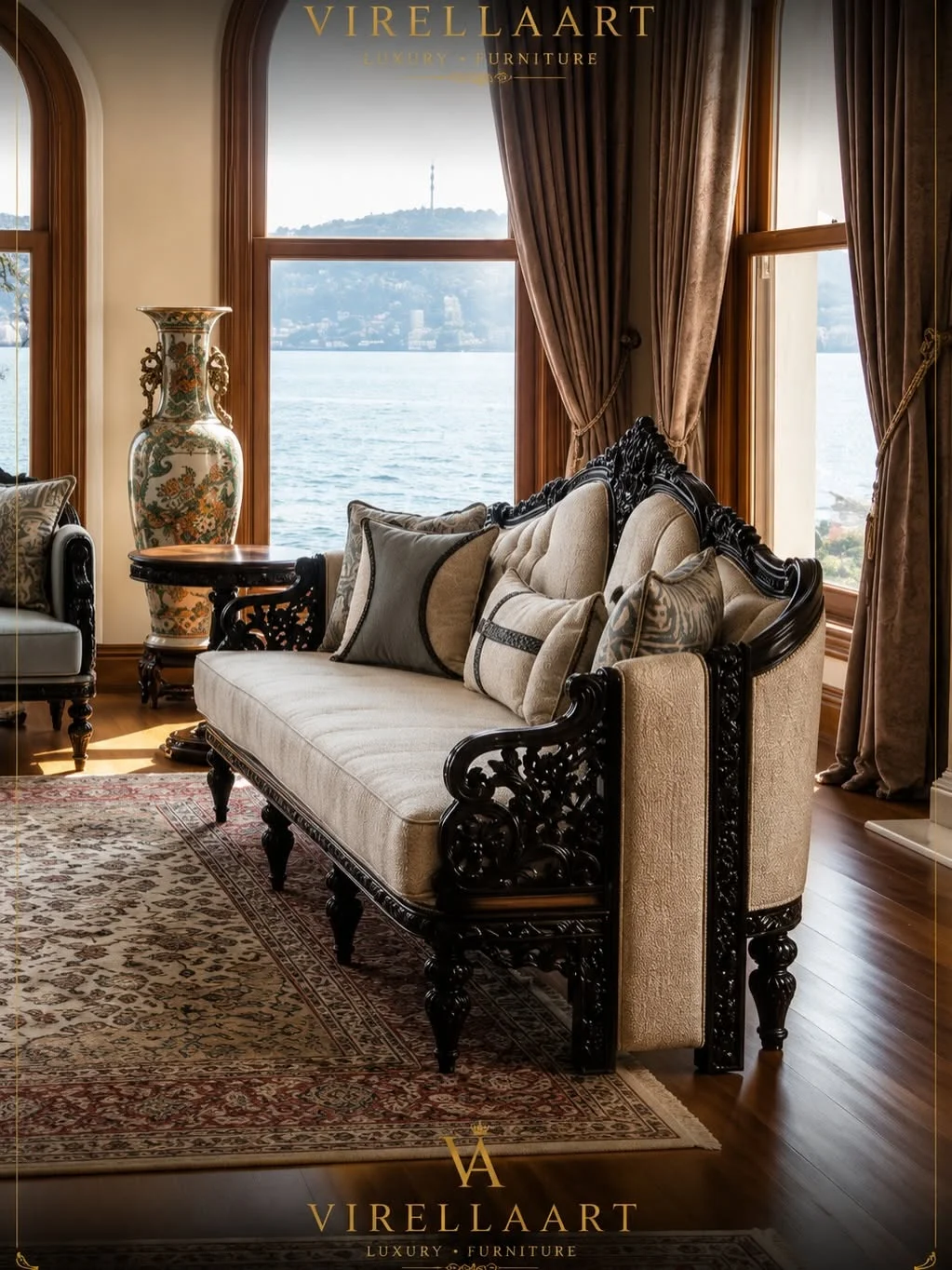Zerafet beige sofa three-quarter view with a glossy dark carved frame, tufted back and coordinated decorative cushions