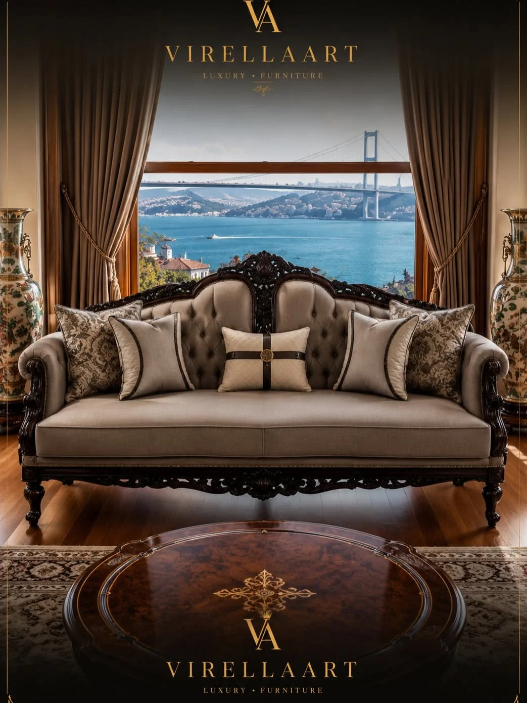 Front view of the Zerafet beige three-seat sofa with a tufted back, dark carved frame and round wood center table