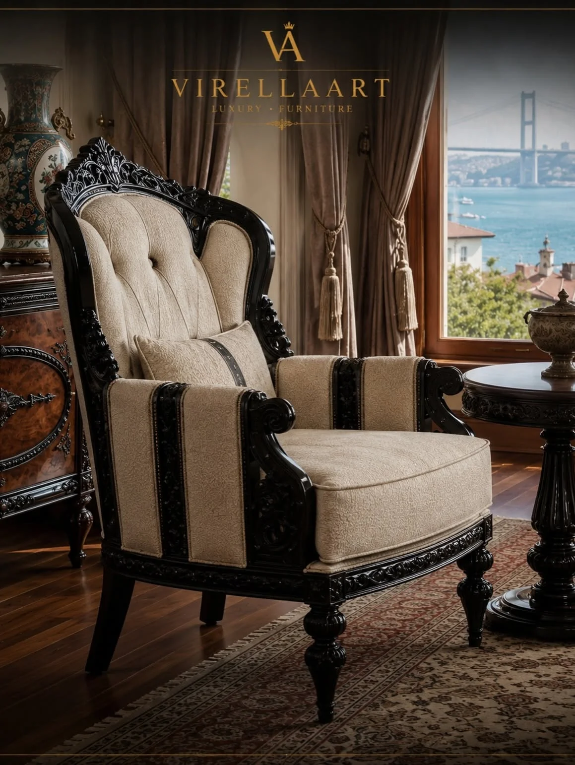 Zerafet high-back beige armchair with tufted upholstery, a glossy dark carved frame and matching round side table