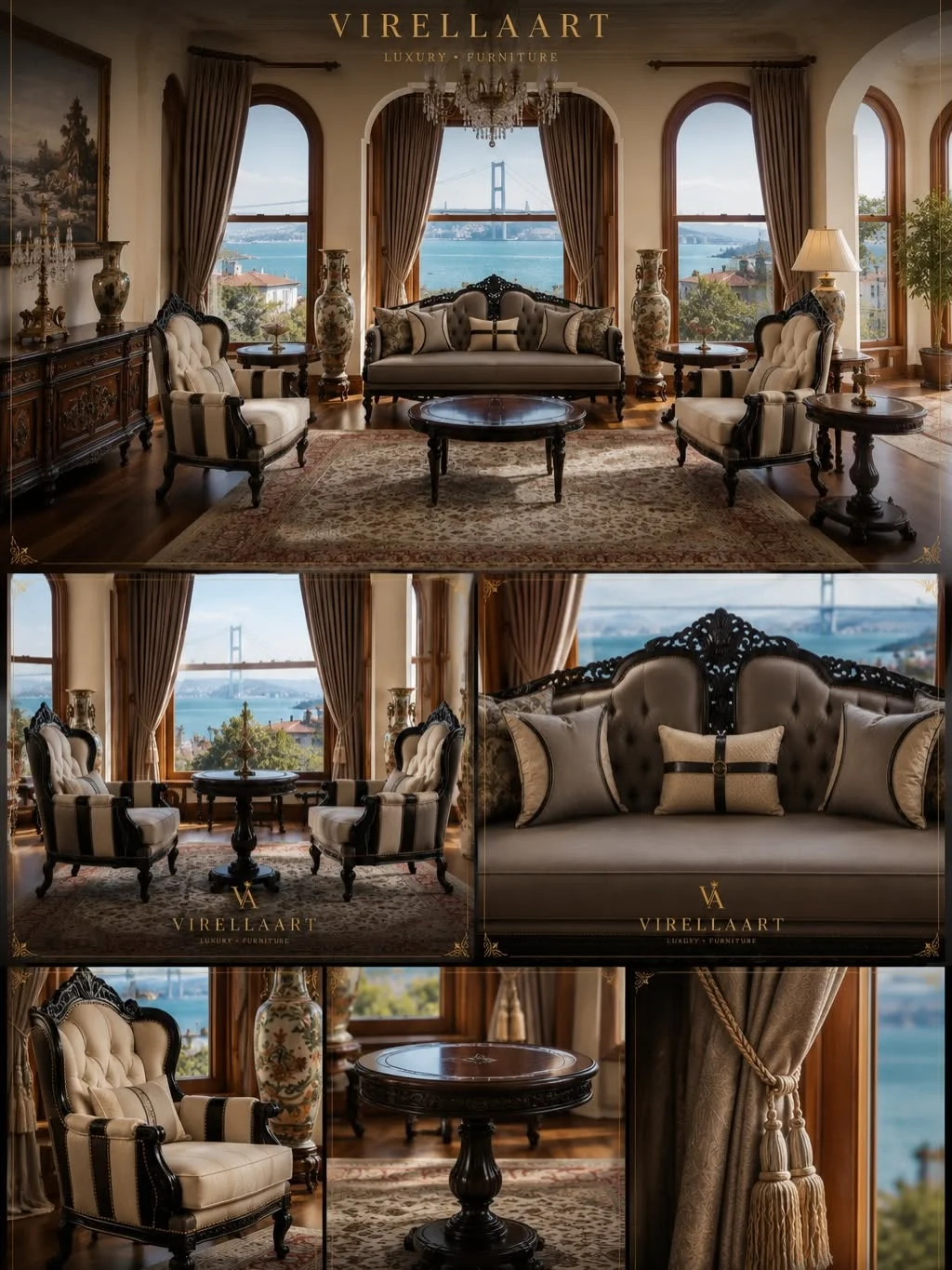Zerafet living room collage showing the complete seating set, sofa details, armchair and round dark wood side table