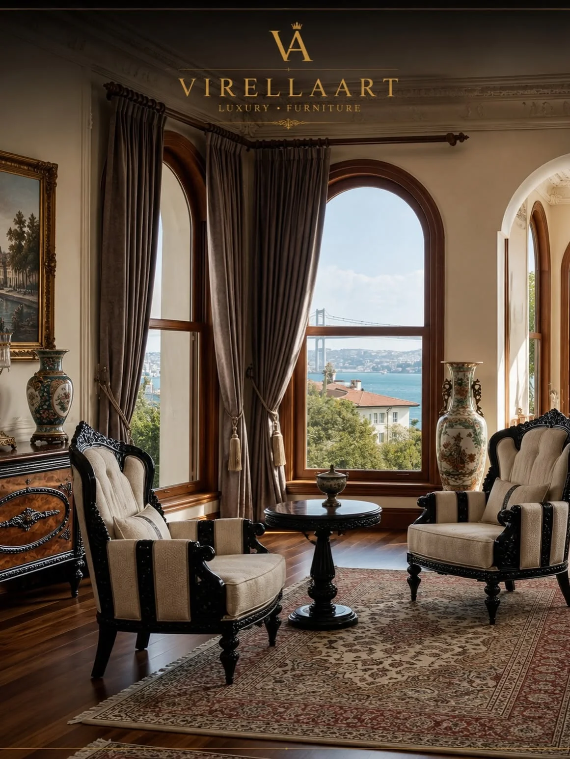 Pair of Zerafet beige carved armchairs arranged around a round dark wood side table in a windowed luxury interior