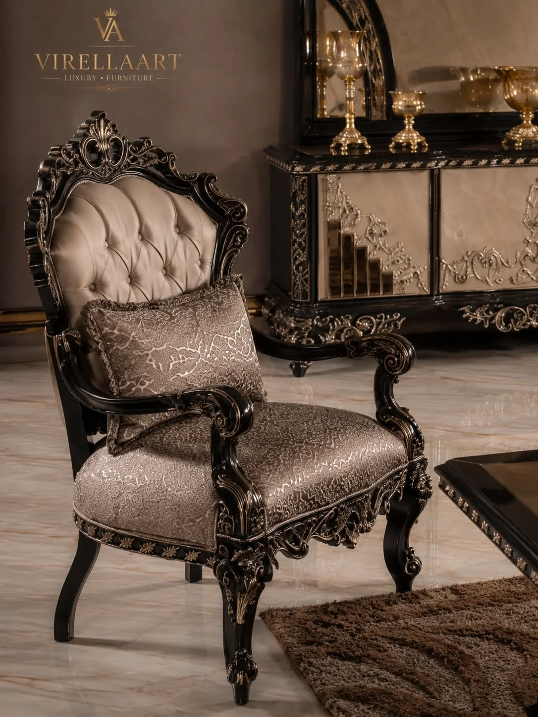 Zumrut taupe armchair with a tufted back, patterned upholstery and an ornate black carved frame